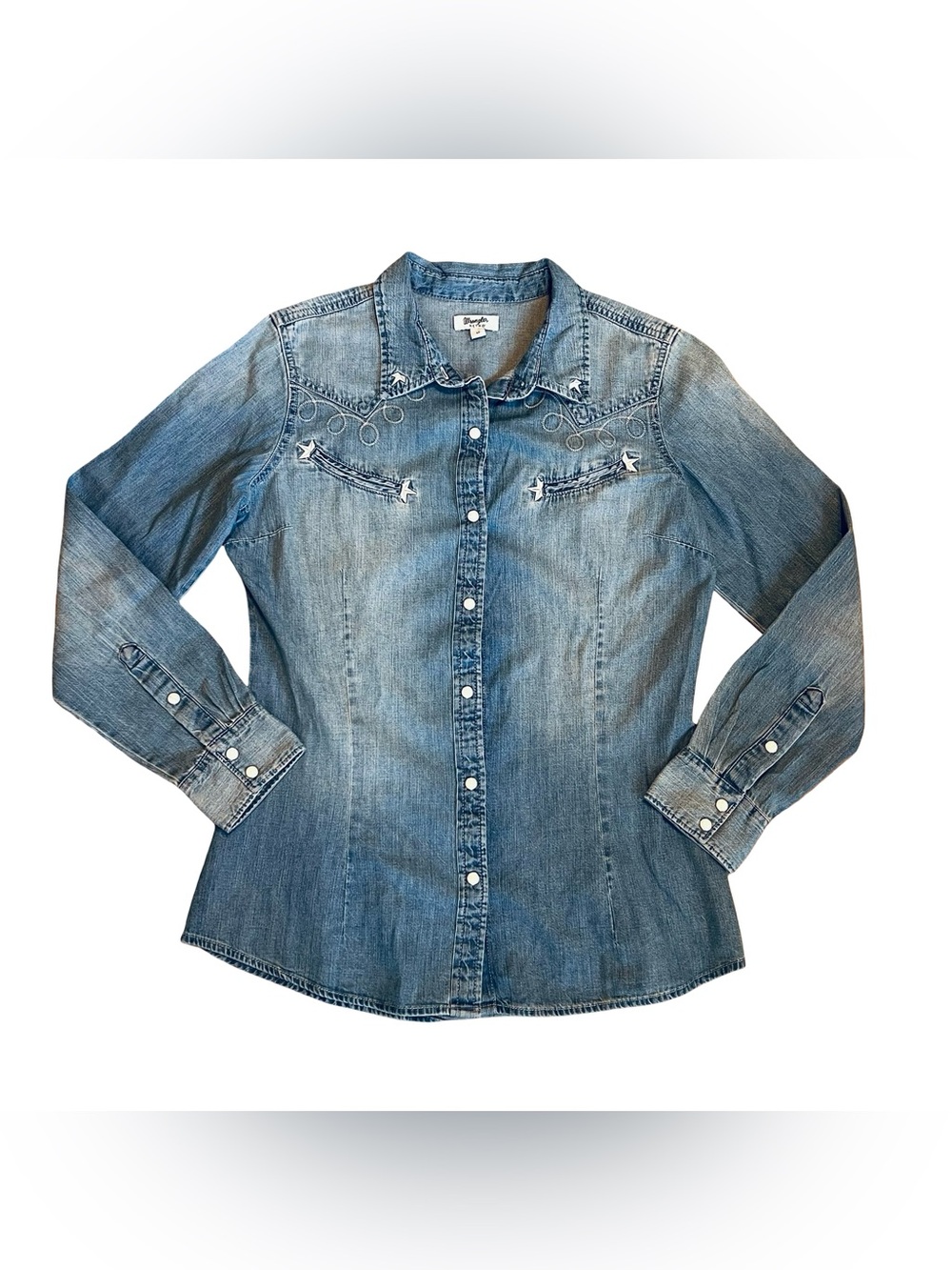 Wrangler Retro Women’s Sz M Denim Western Shirt Embroidered Pearl Snap - Picture 2 of 13